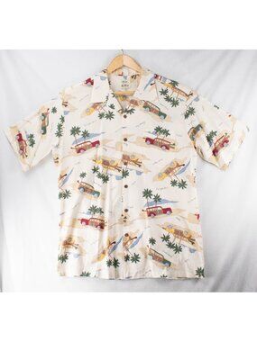 Vintage Pau Hana Hawaiian Shirt Men’s 2XL Woody Wagons & Palm Trees Button Down